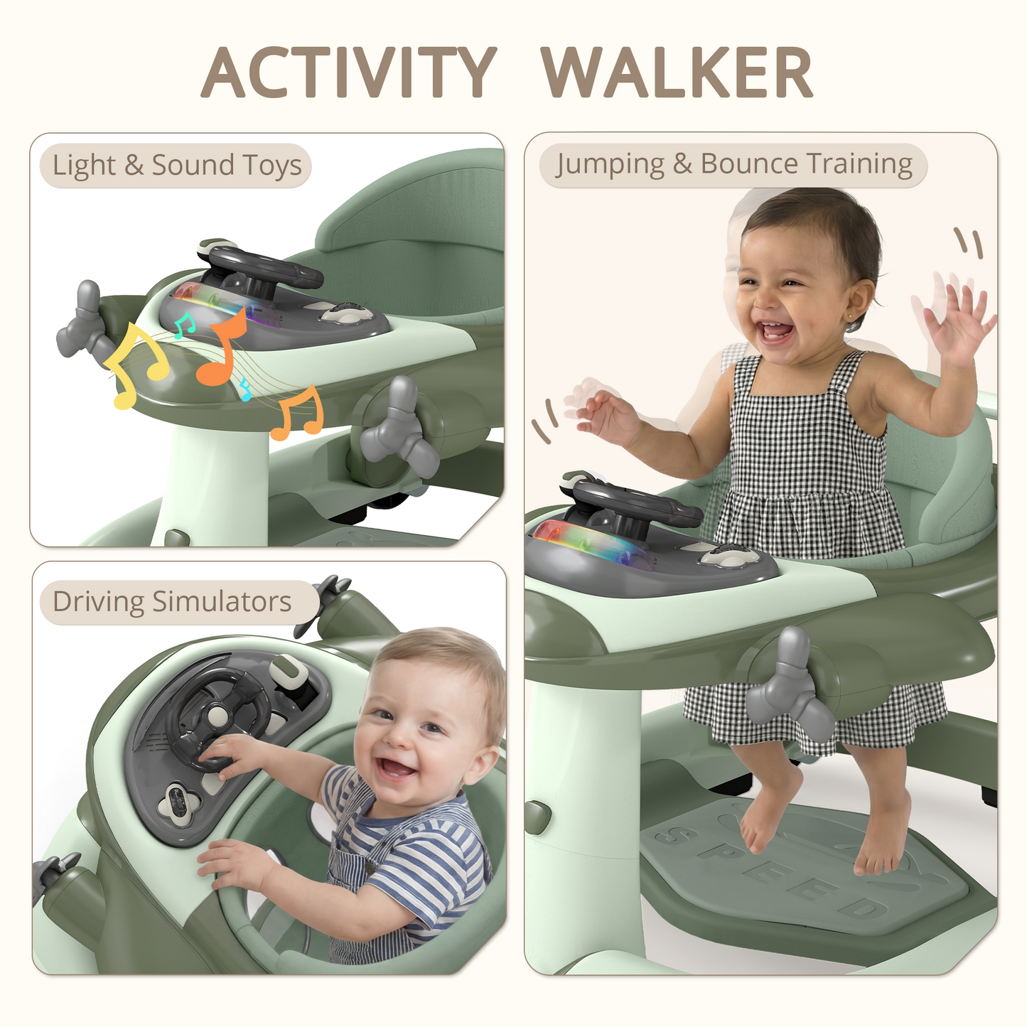 AILEEKISS 5-in-1 Musical Baby Walker with Wheels, Foldable Baby Walker for Boys Girls, Green