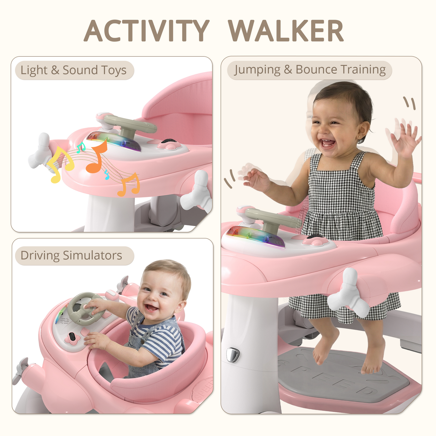 AILEEKISS 5-in-1 Musical Baby Walker with Wheels, Foldable Baby Walker for Boys Girls, Pink& Beige