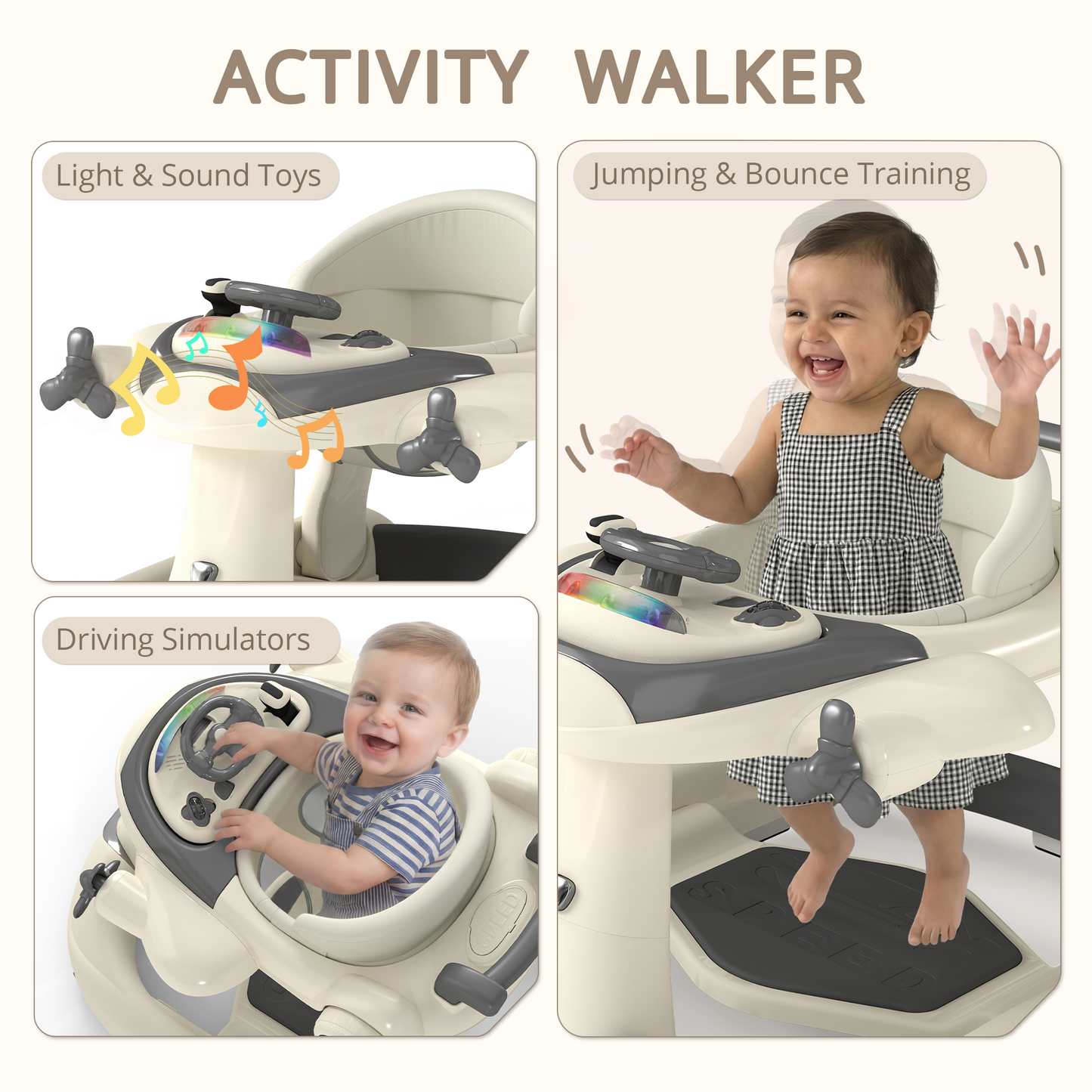 AILEEKISS 5-in-1 Musical Baby Walker with Wheels, Foldable Baby Walker for Boys Girls, Beige