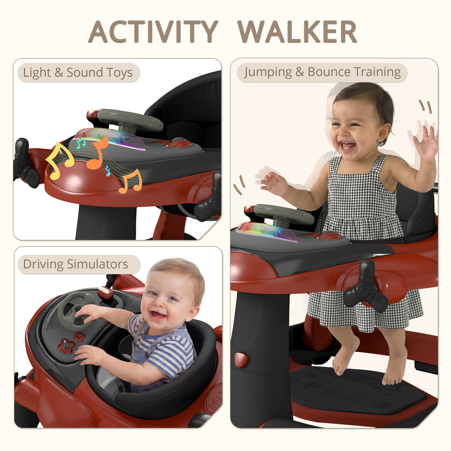 AILEEKISS 5-in-1 Musical Baby Walker with Wheels, Foldable Baby Walker for Boys Girls, Red