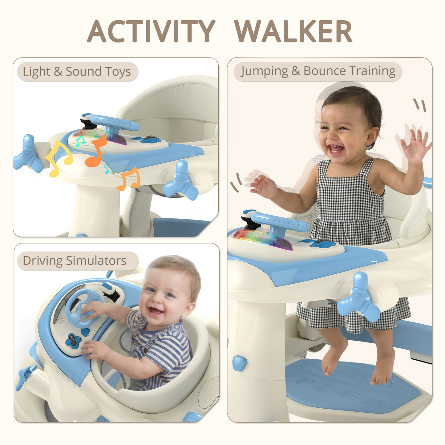 AILEEKISS 5-in-1 Musical Baby Walker with Wheels, Foldable Baby Walker for Boys Girls, Blue