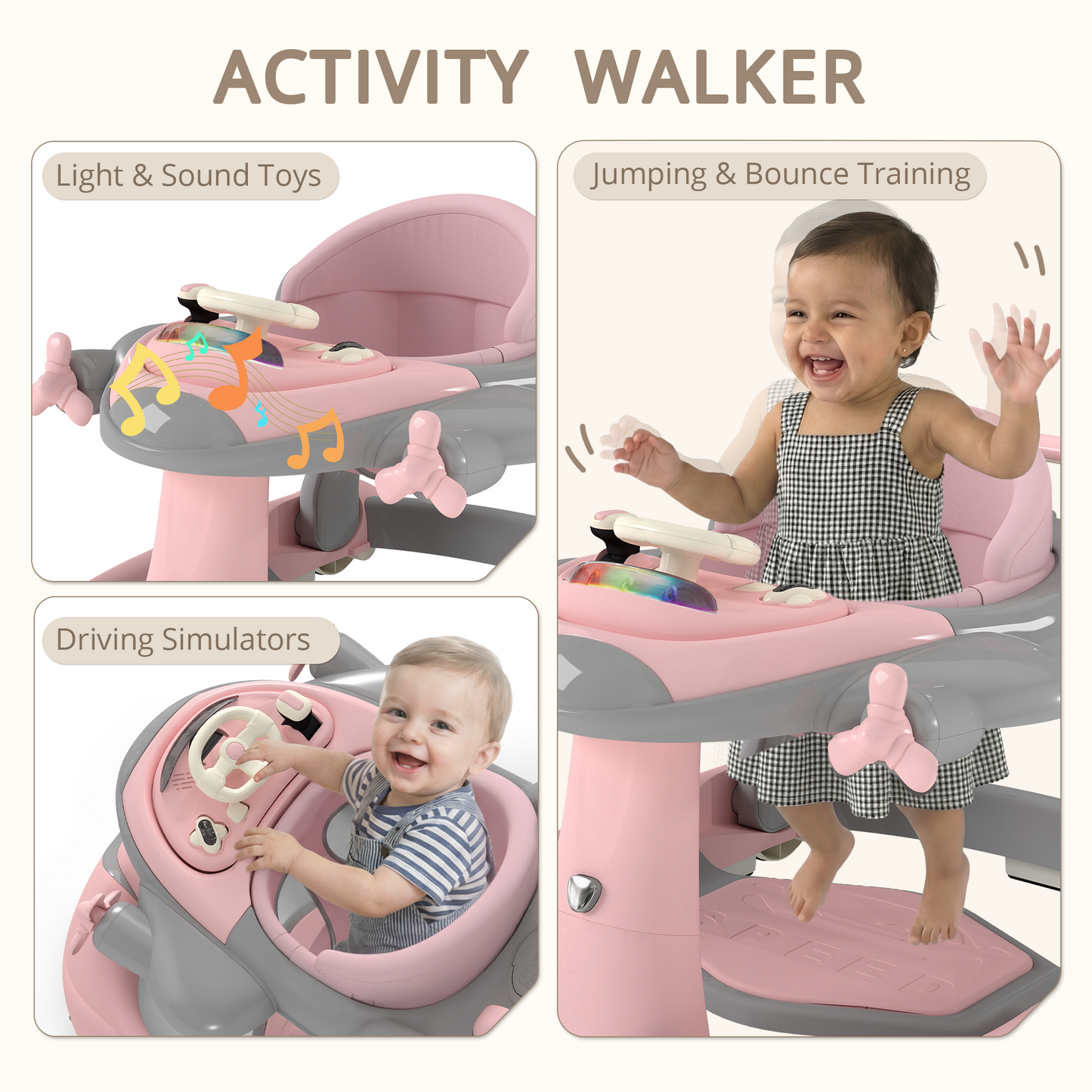 AILEEKISS 5-in-1 Musical Baby Walker with Wheels, Foldable Baby Walker for Boys Girls, Pink& Gray