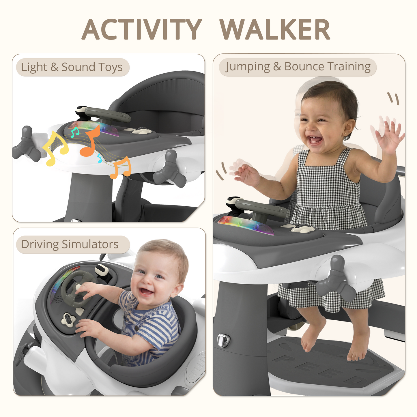 AILEEKISS 5-in-1 Musical Baby Walker with Wheels, Foldable Baby Walker for Boys Girls, Gray