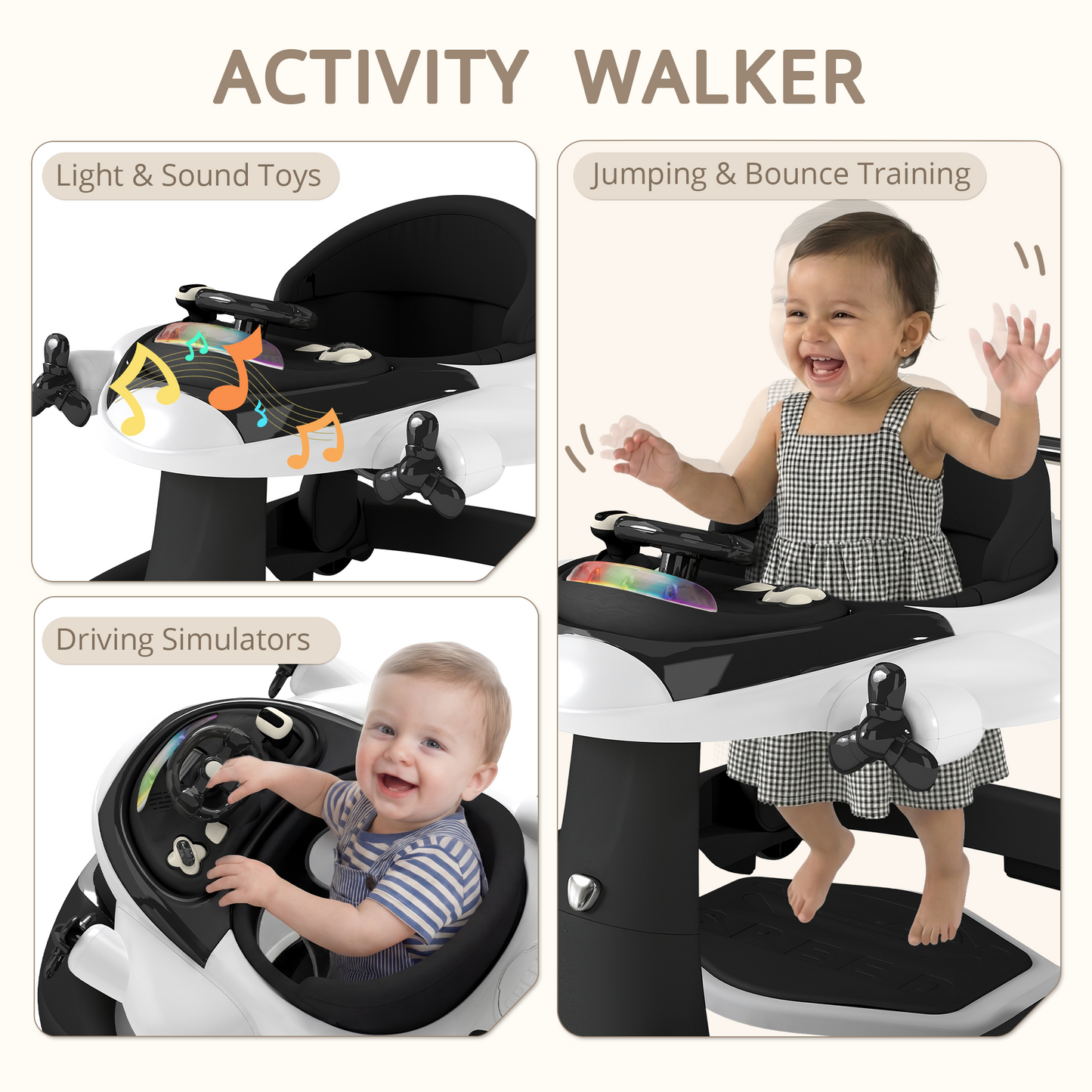 AILEEKISS 5-in-1 Musical Baby Walker with Wheels, Foldable Baby Walker for Boys Girls, Black