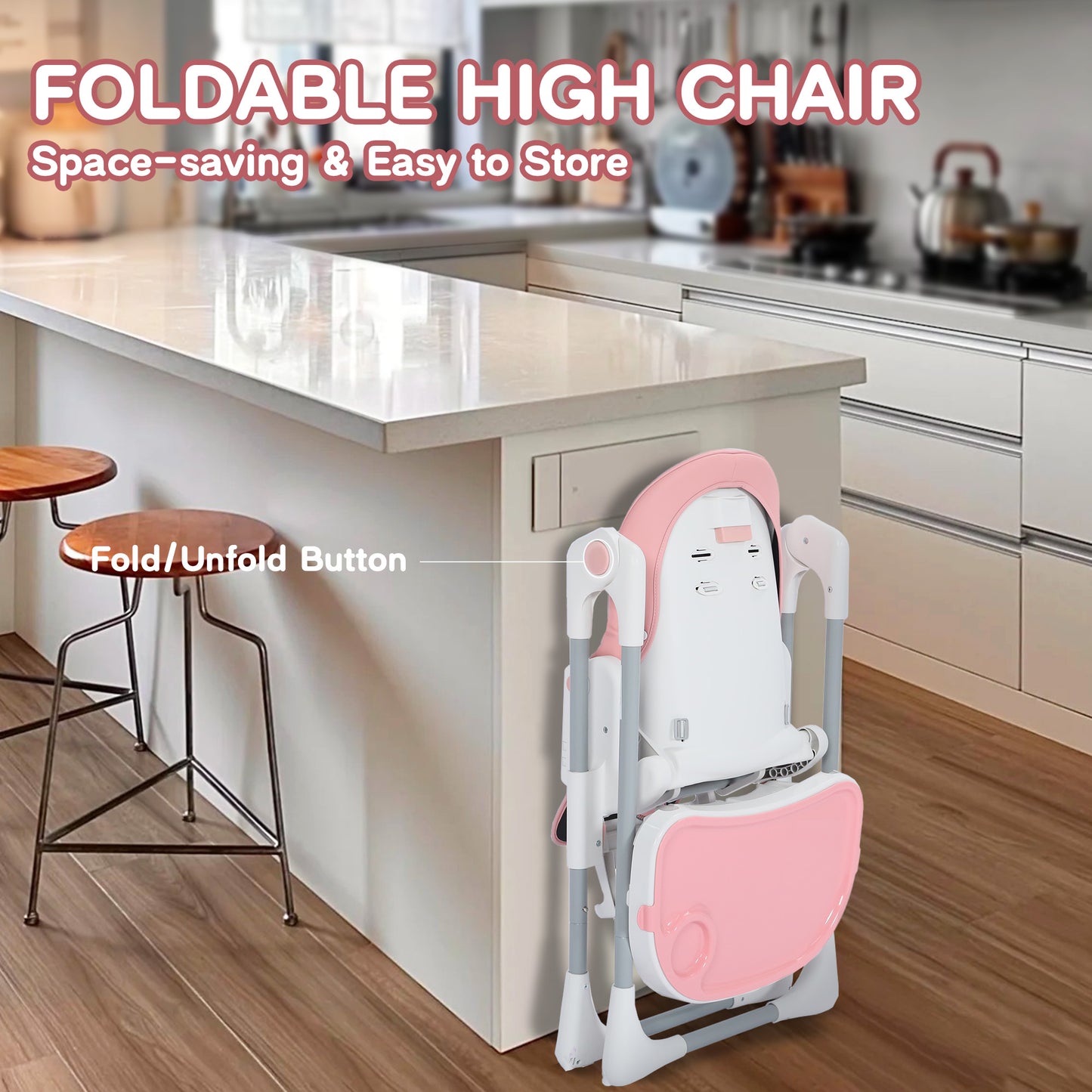 AILEEKISS Foldable High Chair for Baby, Toddler Eating Chair with Detachable Double Trays, Pink