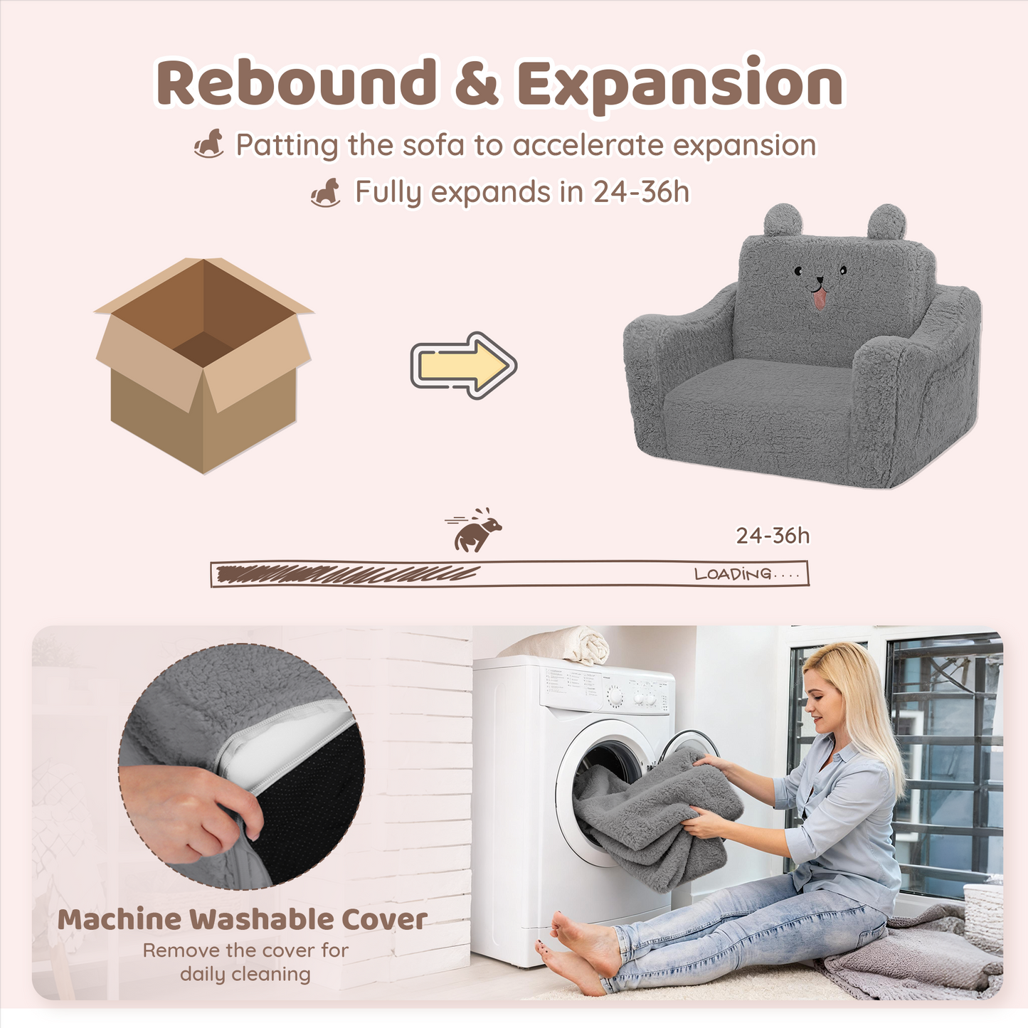 AILEEKISS Toddler Sofa, Foldable Kids Sofa Couch, Convertible Baby Lounger Chair for Playroom, Grey