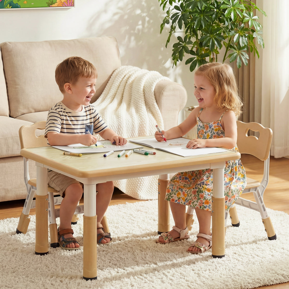 AILEEKISS Kids Table and 2 Chair Set, Height Adjustable Kids Art Table Play Desk for Toddler, Khaki