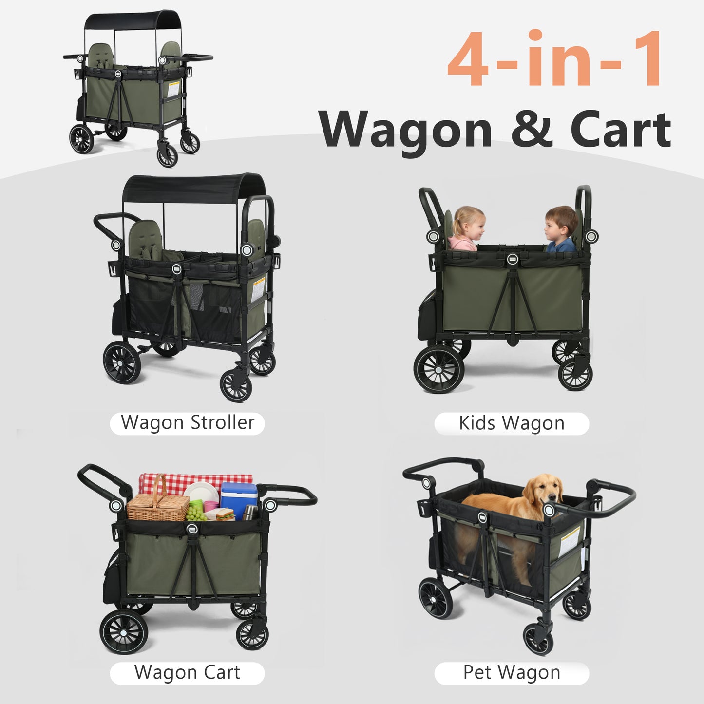 AILEEKISS Stroller Wagon for 2 Toddlers with Canopy, All-Terrain Baby Wagon Stroller,55 Pounds, Green