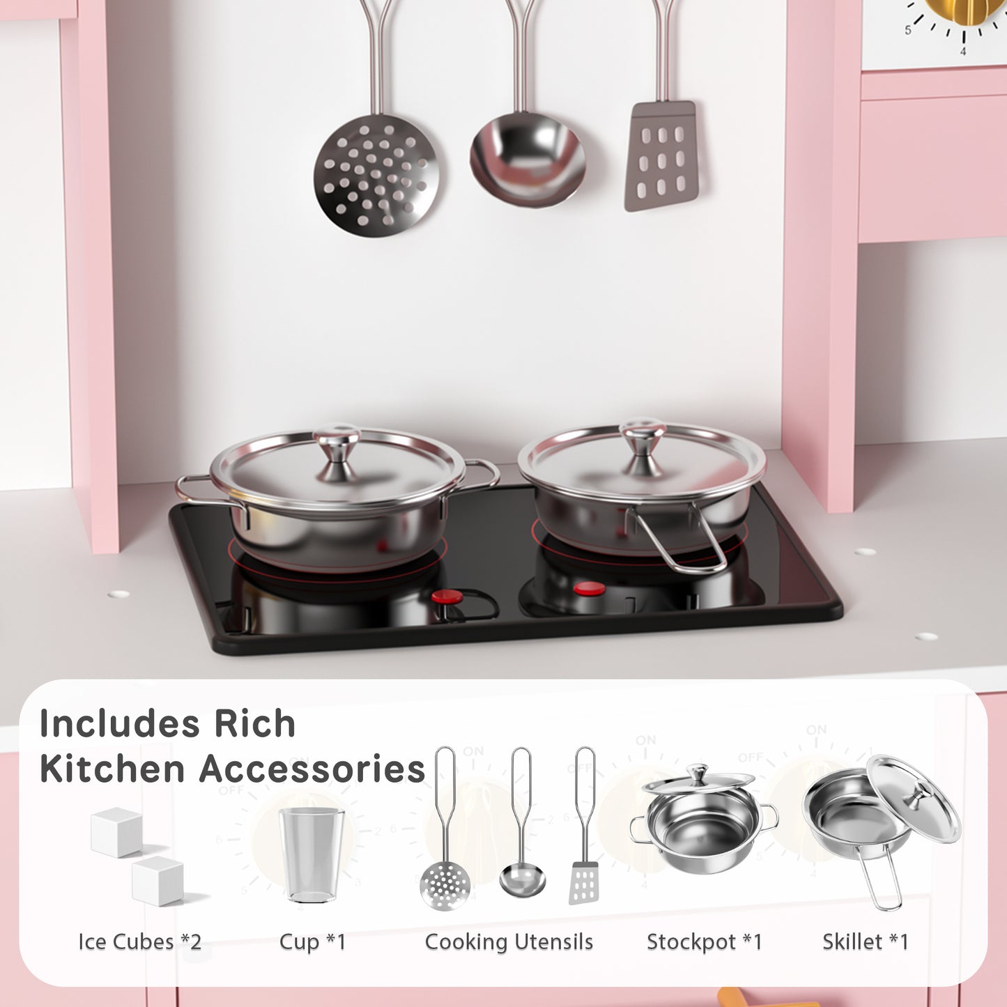 AILEEKISS Wood Kids Play Kitchen, Pretend Kitchen Playset for Children Age 3 Years up, Pink