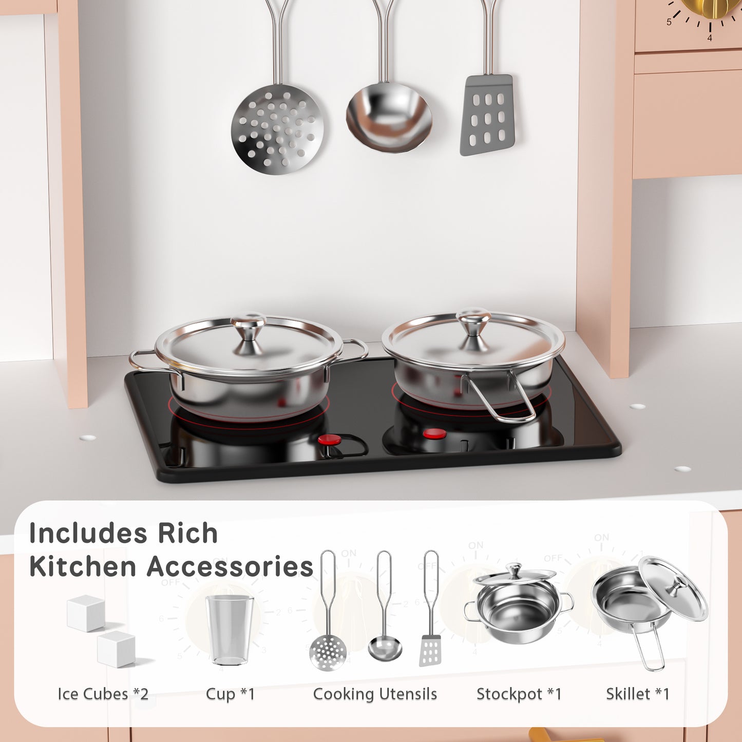AILEEKISS Wood Kids Play Kitchen, Pretend Kitchen Playset for Children Age 3 Years up, Orange