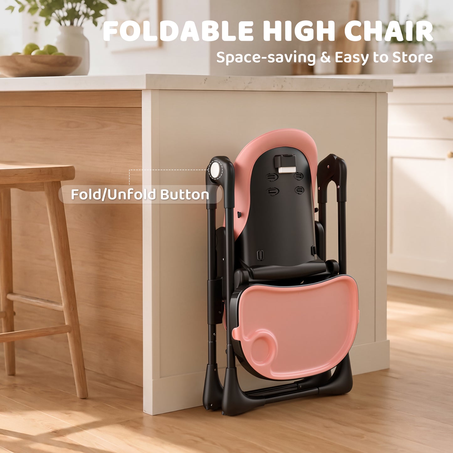 AILEEKISS Foldable High Chair for Baby, Toddler Eating Chair with Detachable Double Trays, Black Pink