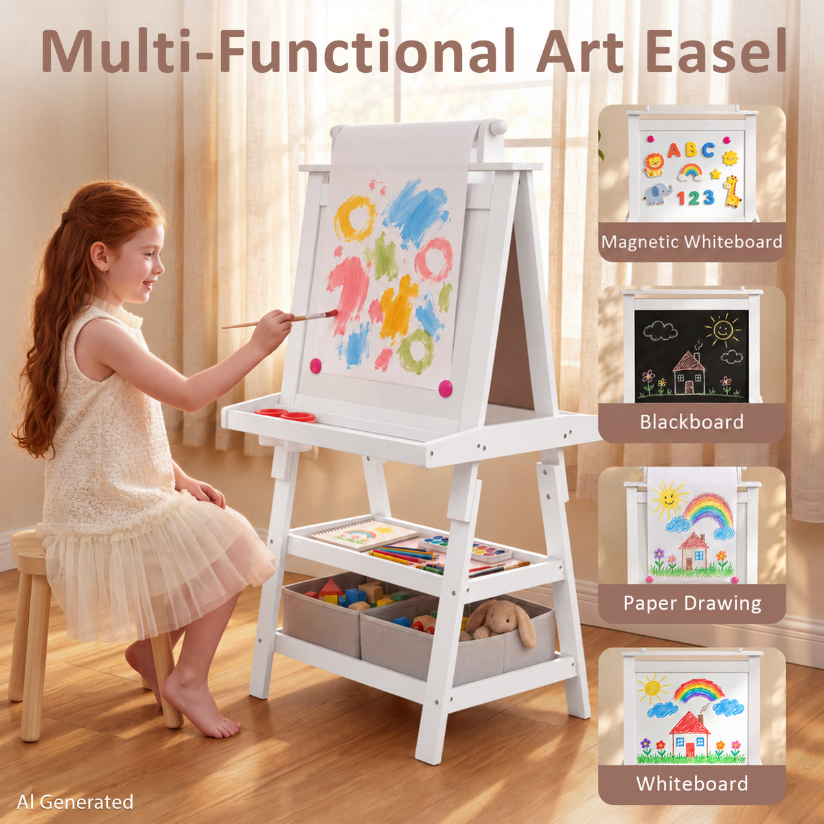 LINLUX 3 in 1 Kids Art Easel Drawing Board Double-Sided Whiteboard Chalkboard, White