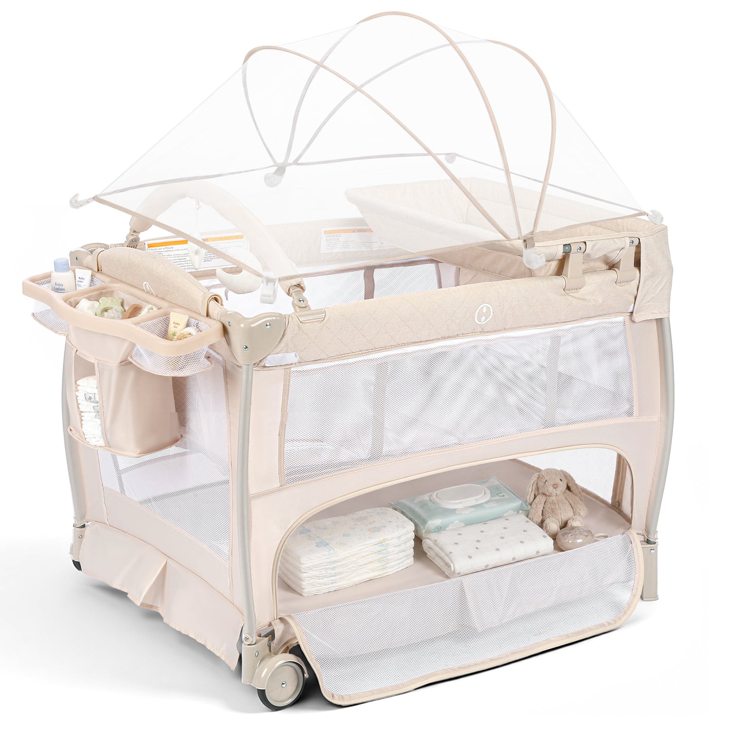 AILEEKISS 3-in-1 Baby Playard with Changing Table & Toy Bar, Portable Pack and Play for Newborn, Beige