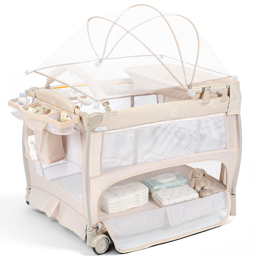 AILEEKISS 3-in-1 Baby Playard with Changing Table & Toy Bar, Portable Pack and Play for Newborn, Beige