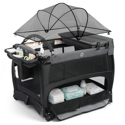 AILEEKISS 3-in-1 Baby Playard with Changing Table & Toy Bar, Portable Pack and Play for Newborn, Dark Grey