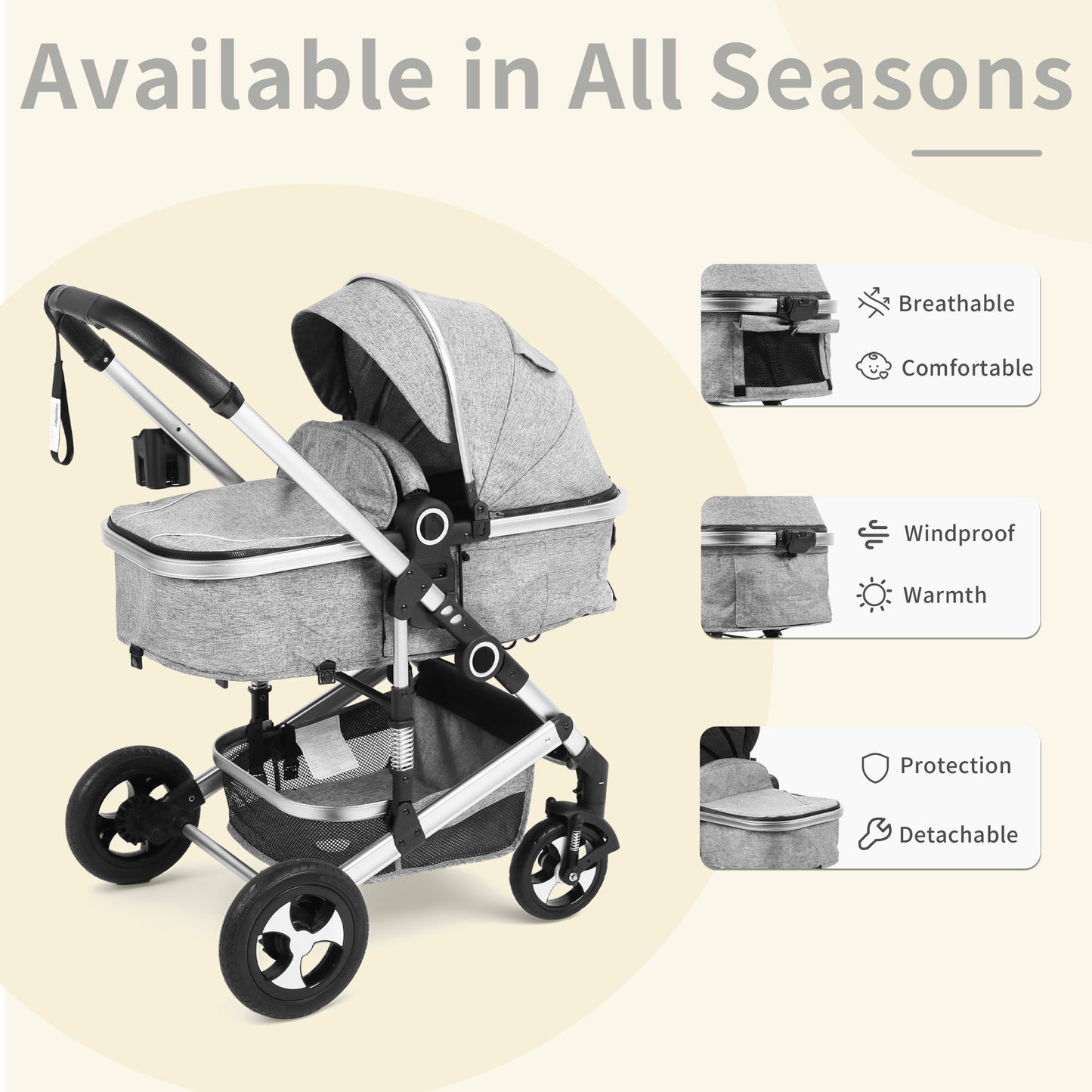 AILEEKISS 3 in 1 Convertible Baby Stroller, Unisex Folding Newborn Stroller with Big Seat, Light Grey