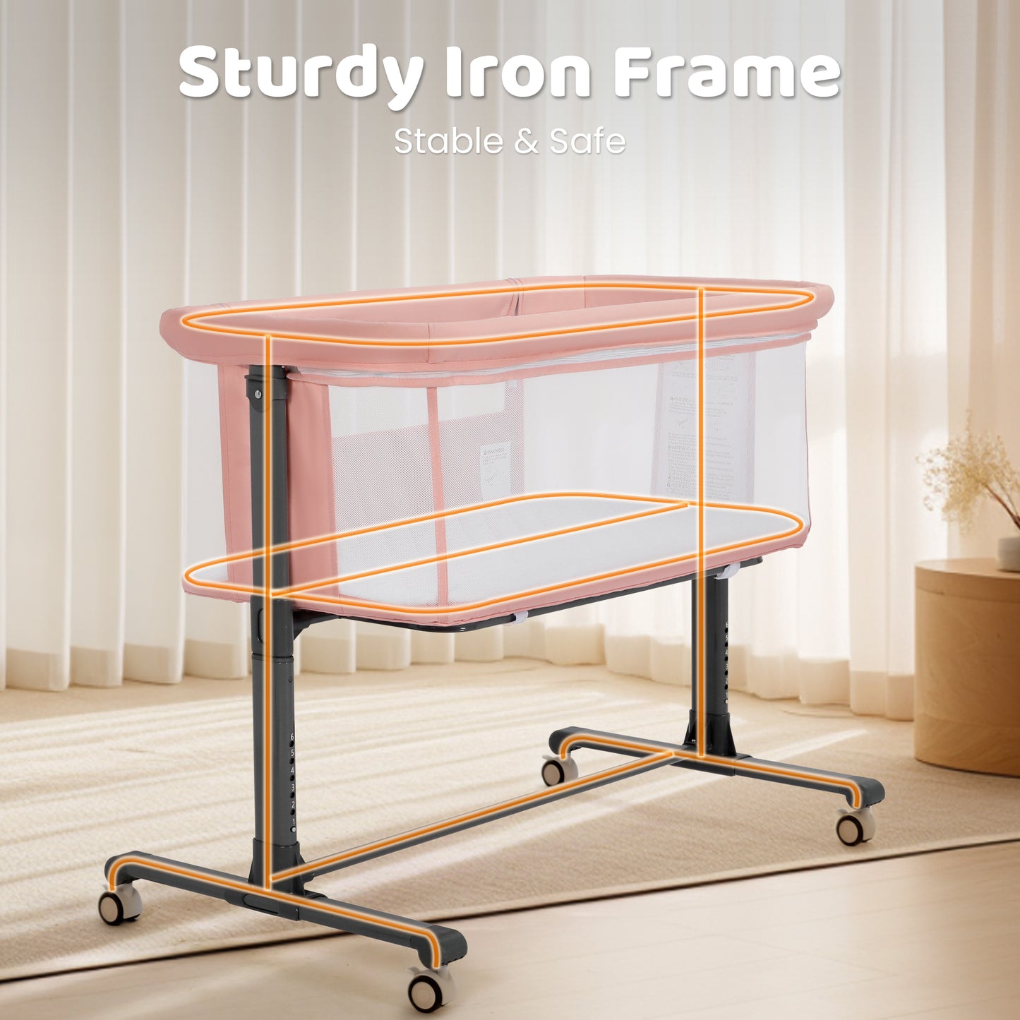 AILEEKISS Baby Bassinet Bedside Sleeper, Height Adjustable Newborn Baby Bassinet with Wheels, Pink