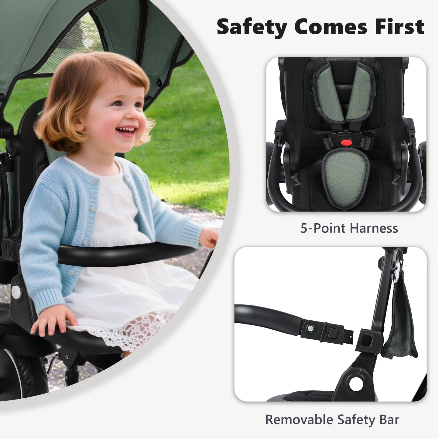 AILEEKISS 8-in-1 Kids' Tricycle Stroller, Folding Toddler Bicycle Unisex Ride Trike 1-6 Years, Military Green