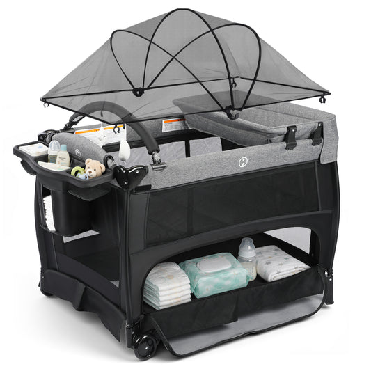 AILEEKISS 3-in-1 Baby Playard with Changing Table & Toy Bar, Portable Pack and Play for Newborn, Grey