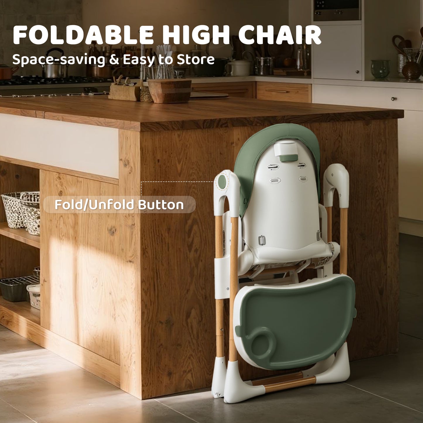 AILEEKISS Foldable High Chair for Baby, Toddler Eating Chair with Detachable Double Trays, Natural Green