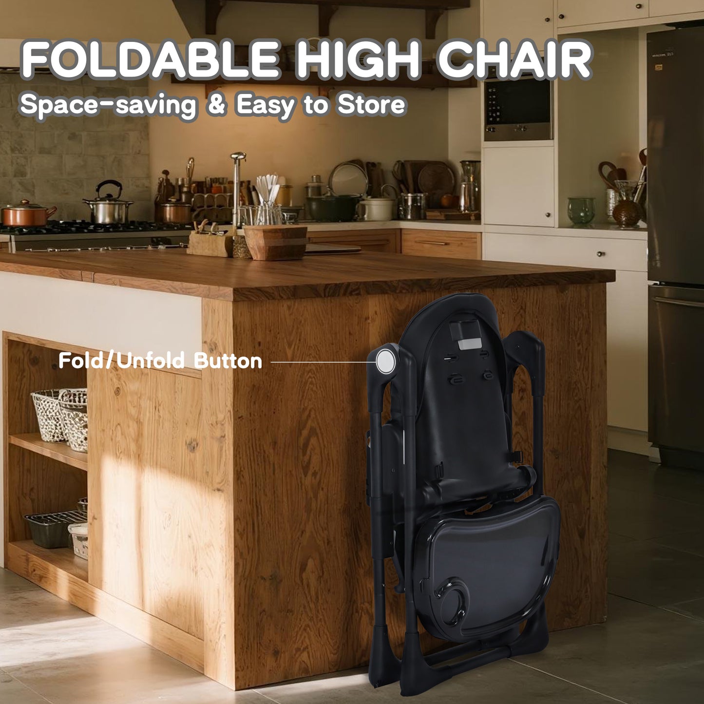 AILEEKISS Foldable High Chair for Baby, Toddler Eating Chair with Detachable Double Trays, Black