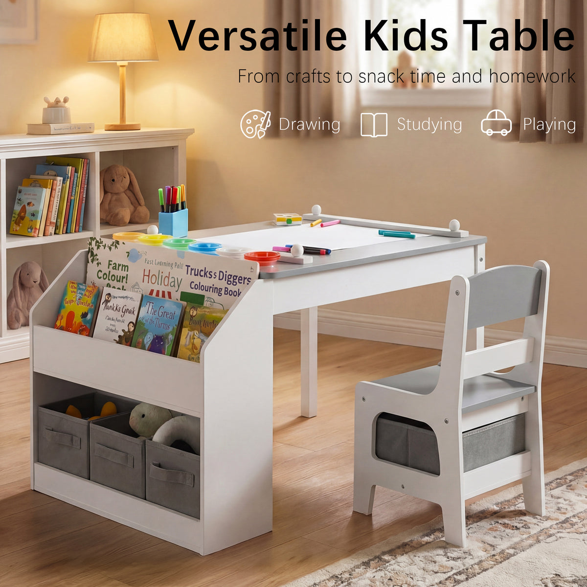 AILEEKISS Kids Table and Chair Set,Children Play Activity Desk for Drawing with 3 Drawers, Grey