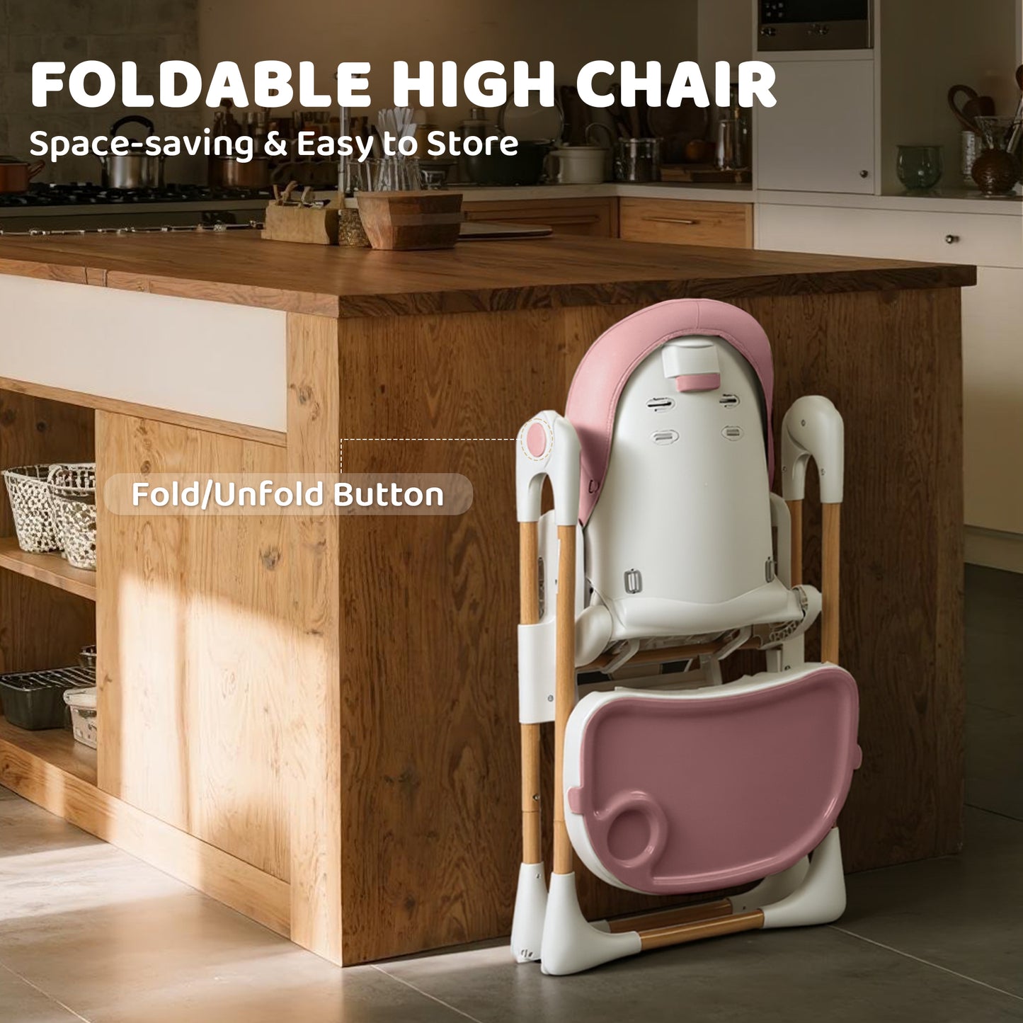AILEEKISS Foldable High Chair for Baby, Toddler Eating Chair with Detachable Double Trays, Natural Pink