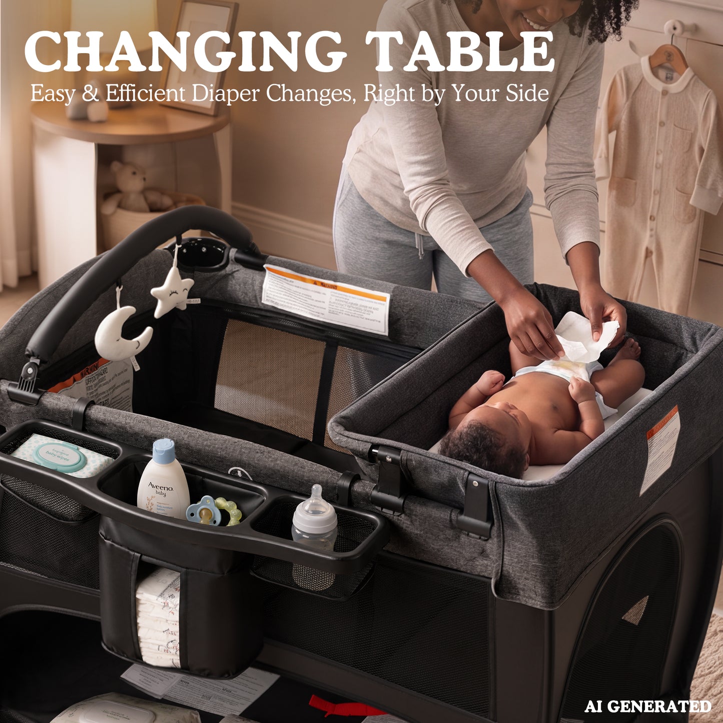 AILEEKISS 3-in-1 Baby Playard with Changing Table & Toy Bar, Portable Pack and Play for Newborn, Dark Grey