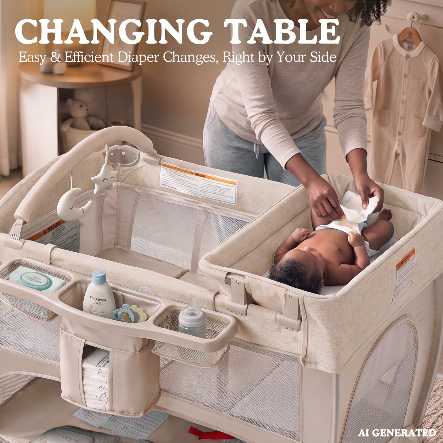 AILEEKISS 3-in-1 Baby Playard with Changing Table & Toy Bar, Portable Pack and Play for Newborn, Beige