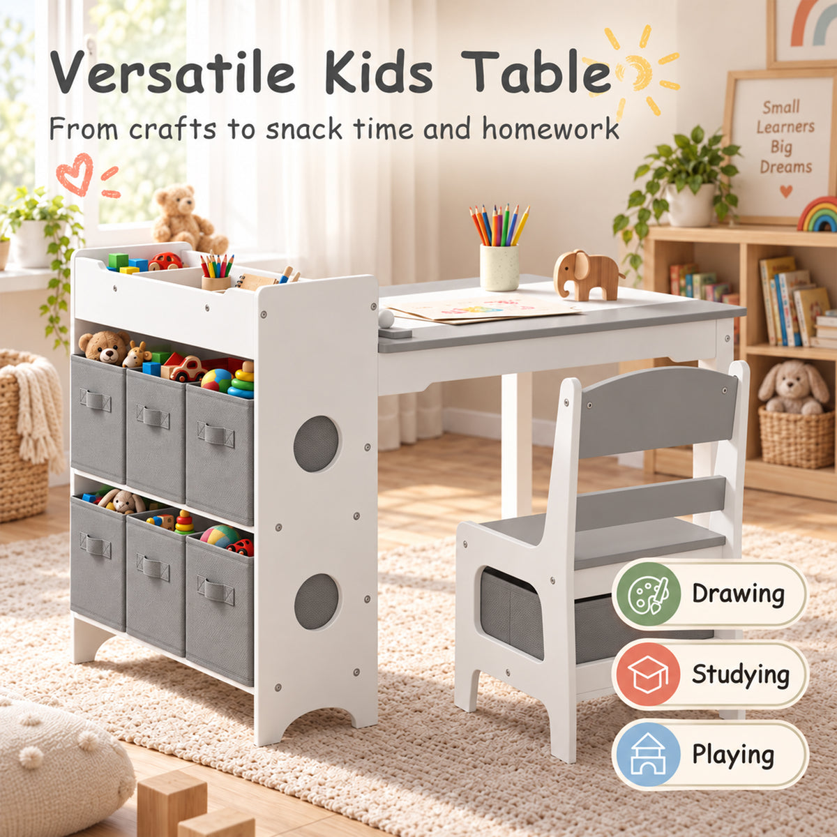 AILEEKISS Kids Table and Chair Set,Children Play Activity Desk for Drawing with 6 Drawers, Grey