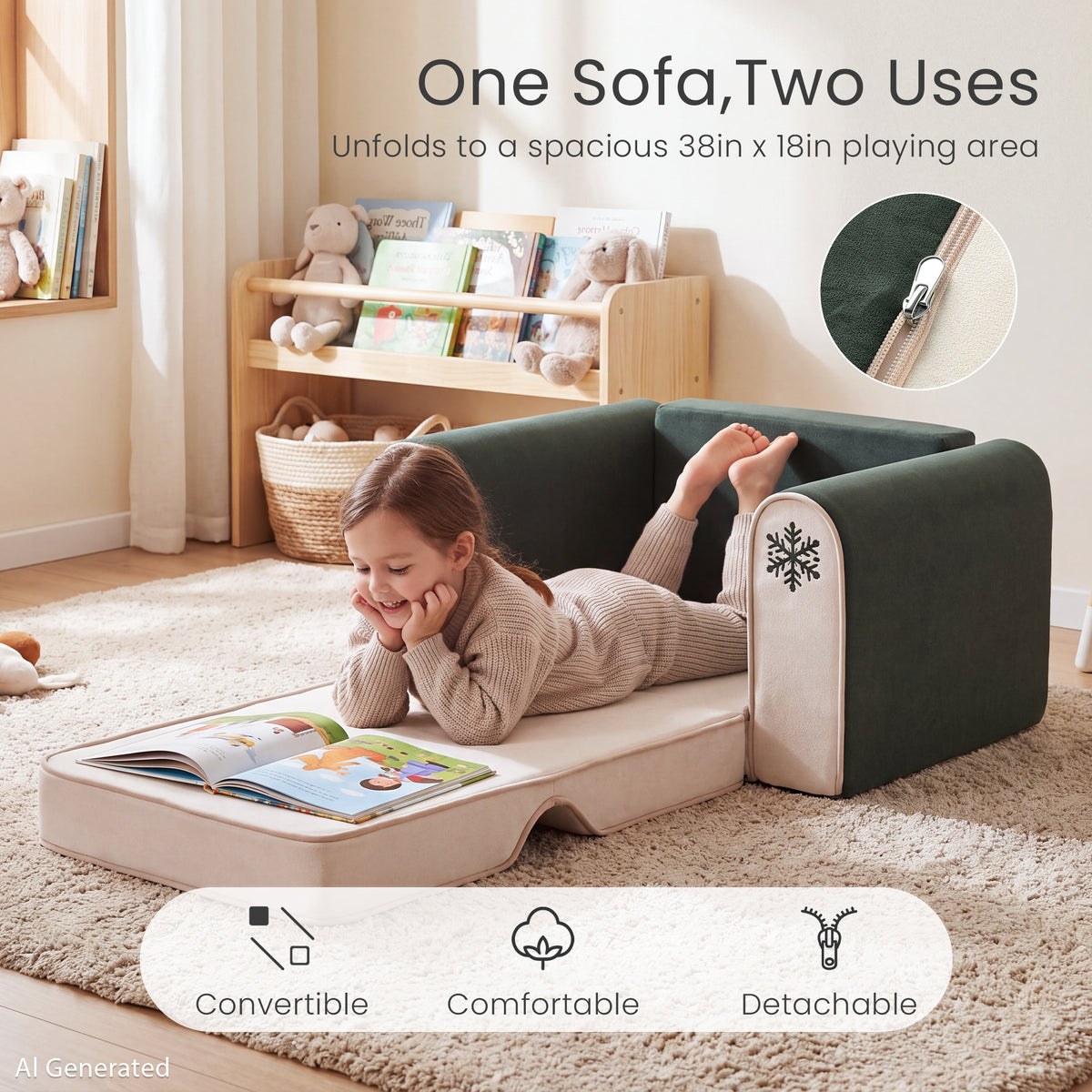 AILEEKISS 2-in-1 Toddler Sofa Chair, Foldable Kids Couch Flip Open Bed for Playroom, Beige Green
