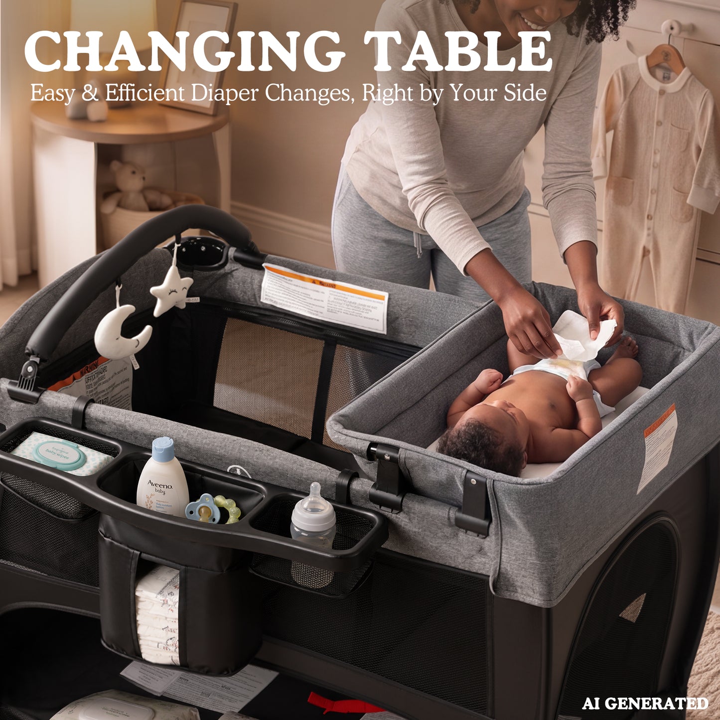 AILEEKISS 3-in-1 Baby Playard with Changing Table & Toy Bar, Portable Pack and Play for Newborn, Grey