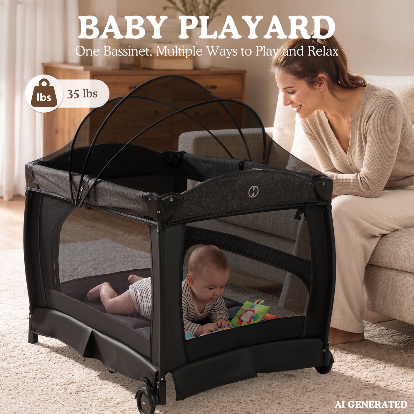 AILEEKISS 3-in-1 Baby Playard with Changing Table & Toy Bar, Portable Pack and Play for Newborn, Dark Grey