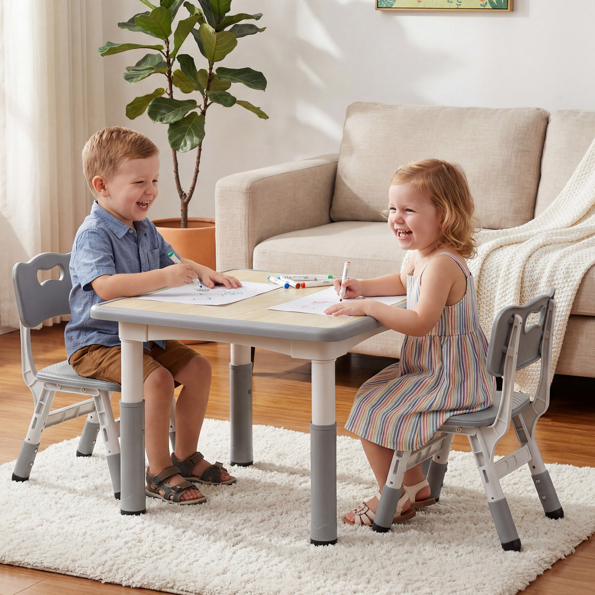 AILEEKISS Kids Table and 2 Chair Set, Height Adjustable Kids Art Table Play Desk for Toddler, Grey