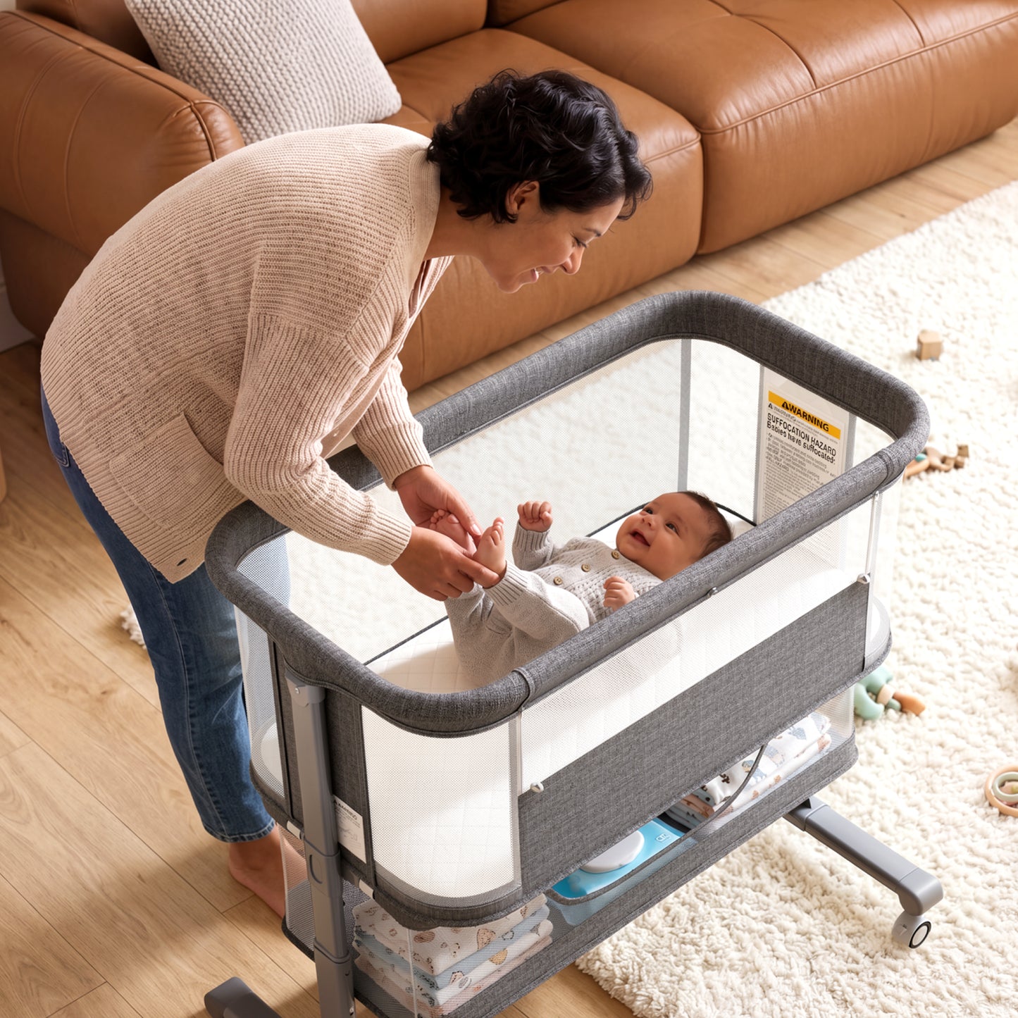 AILEEKISS Bedside Bassinet for Newborn, 6 Height Adjustable Baby Bassinet with Mosquito Net, Grey