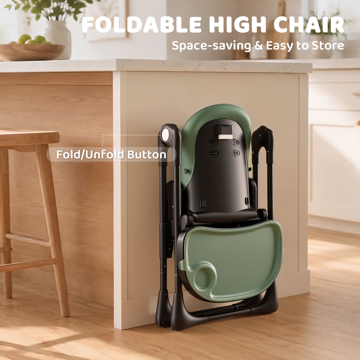 AILEEKISS Foldable High Chair for Baby, Toddler Eating Chair with Detachable Double Trays, Green