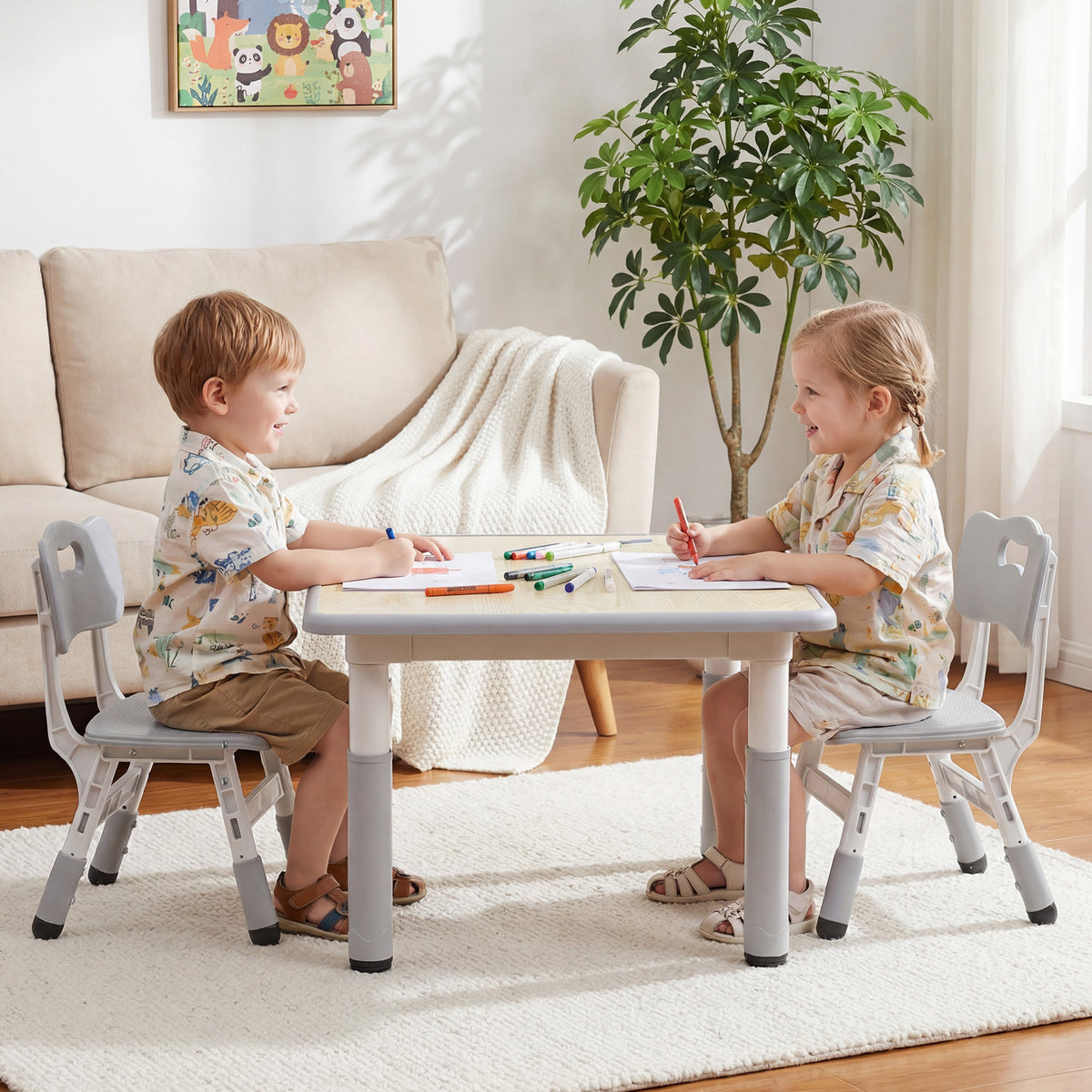 AILEEKISS Kids Table and 2 Chair Set, Height Adjustable Kids Art Table Play Desk for Toddler, Grey