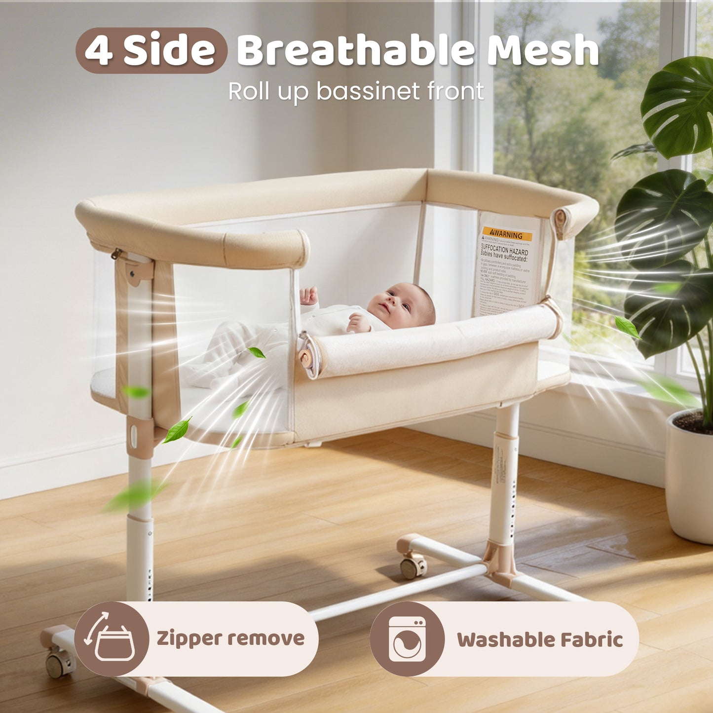 AILEEKISS Baby Bassinet Bedside Sleeper, Height Adjustable Newborn Baby Bassinet with Wheels, Beige