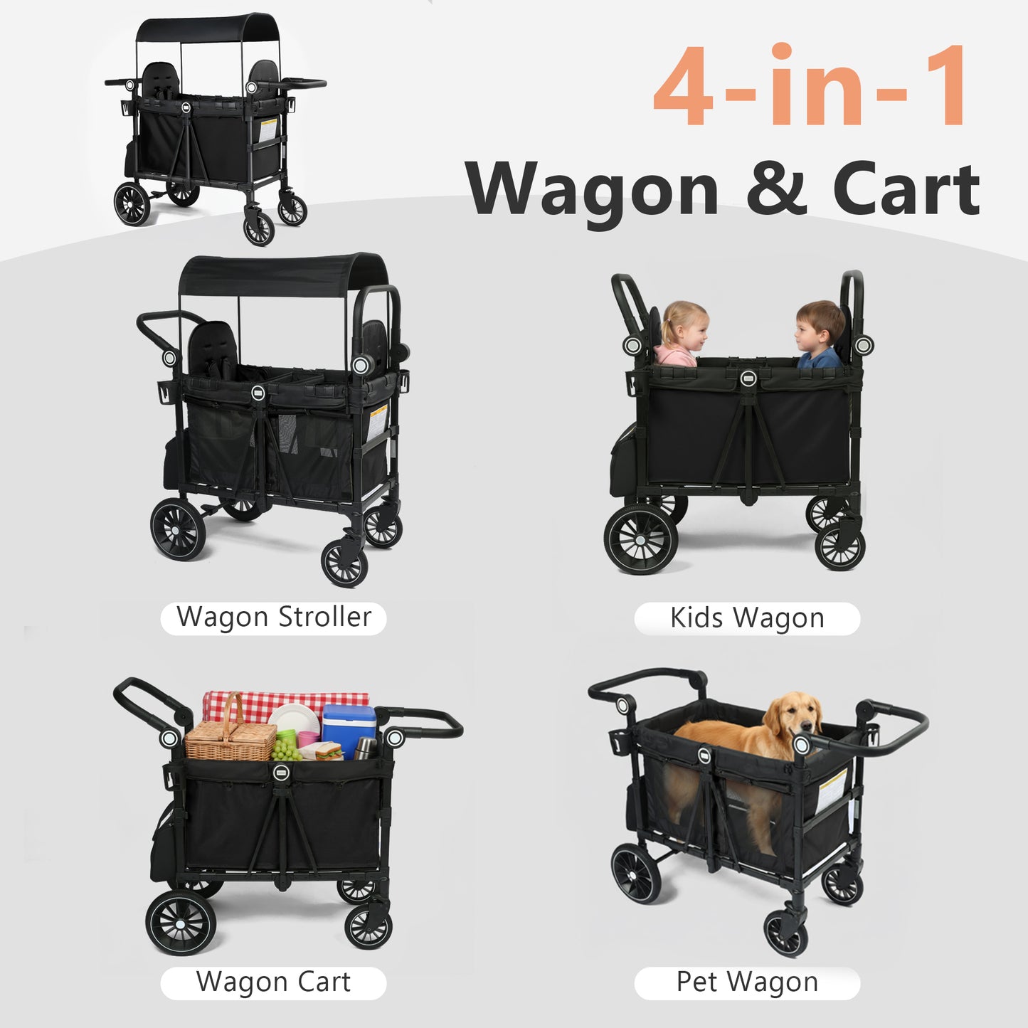 AILEEKISS Stroller Wagon for 2 Toddlers with Canopy, All-Terrain Baby Wagon Stroller, 55 Pounds, Black
