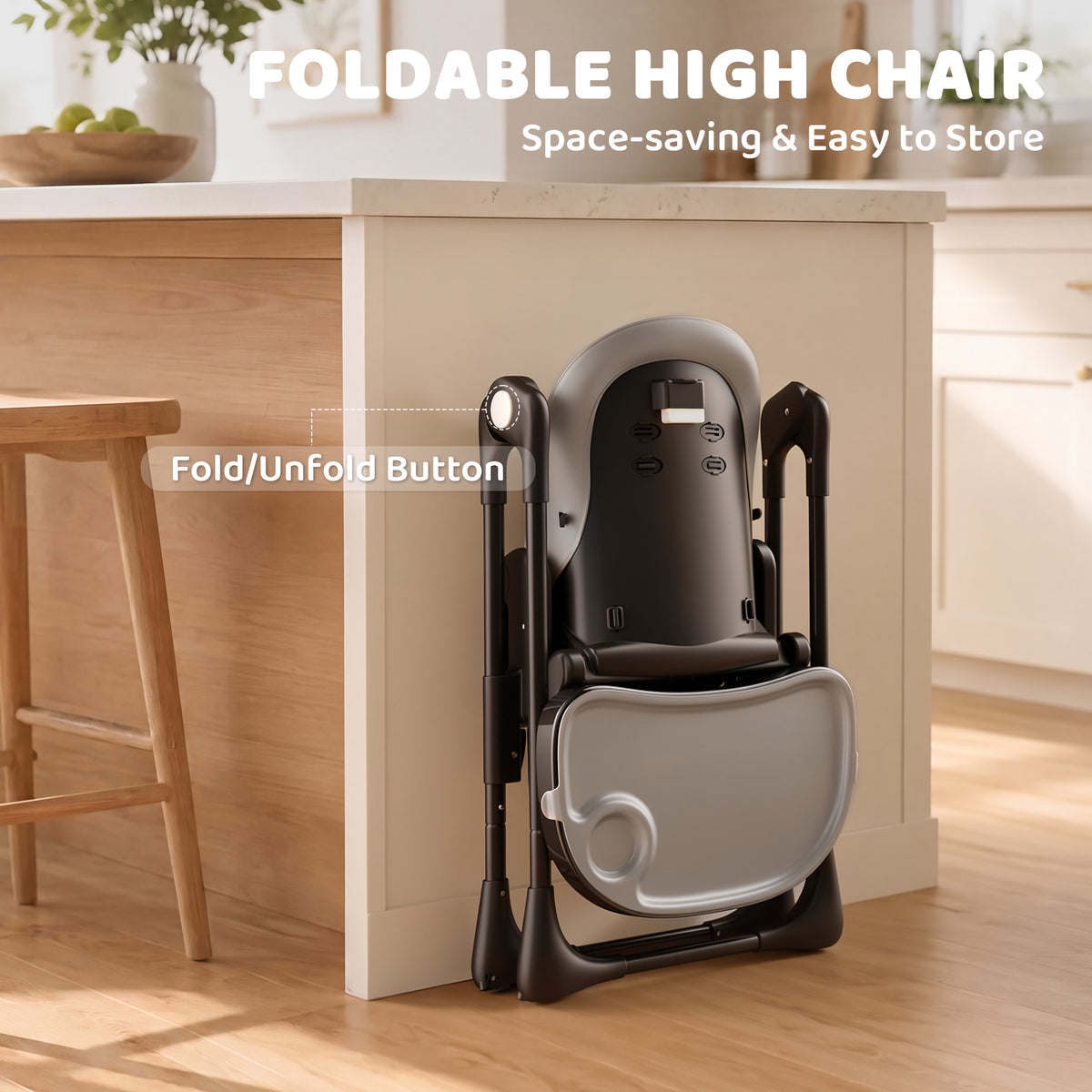 AILEEKISS Foldable High Chair for Baby, Toddler Eating Chair with Detachable Double Trays, Grey