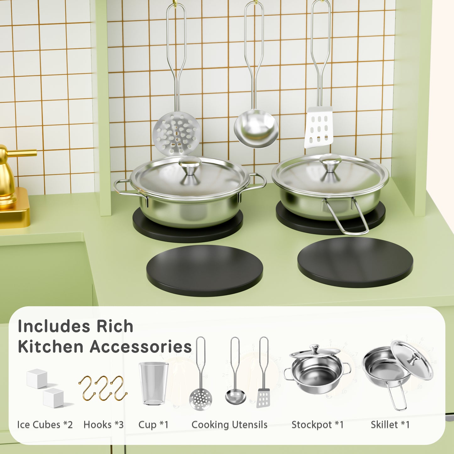 AILEEKISS Kids Kitchen Playset for Children, Realistic Pretend Kitchen Toy with Ice Maker, Green