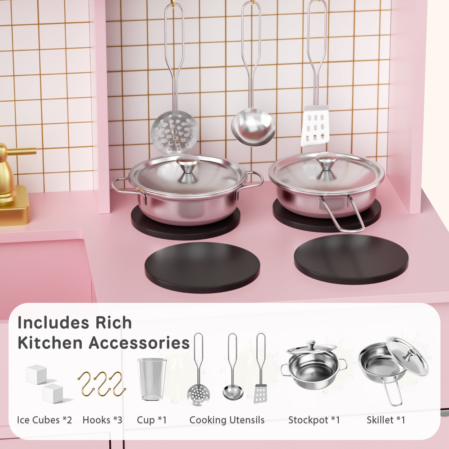 AILEEKISS Kids Kitchen Playset for Children, Realistic Pretend Kitchen Toy with Ice Maker, Pink