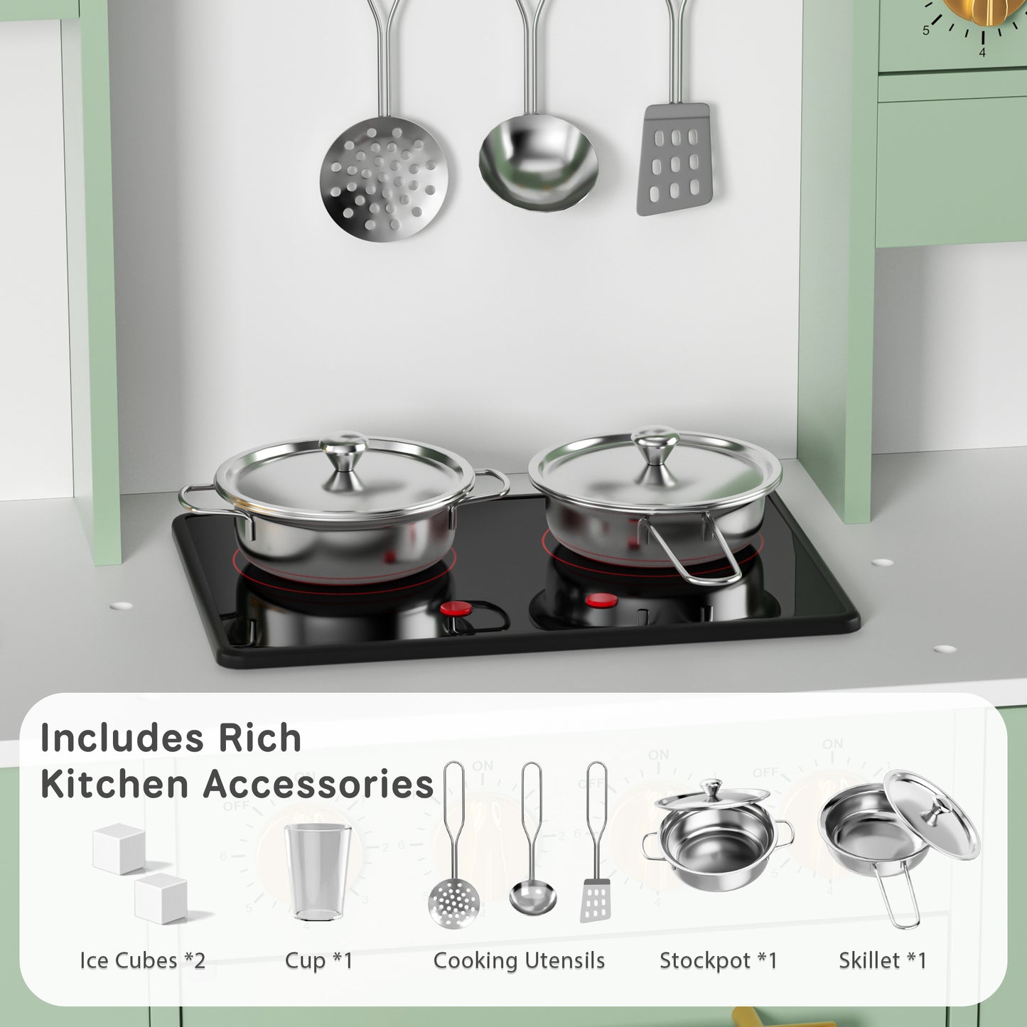 AILEEKISS Wood Kids Play Kitchen, Pretend Kitchen Playset for Children Age 3 Years up, Green