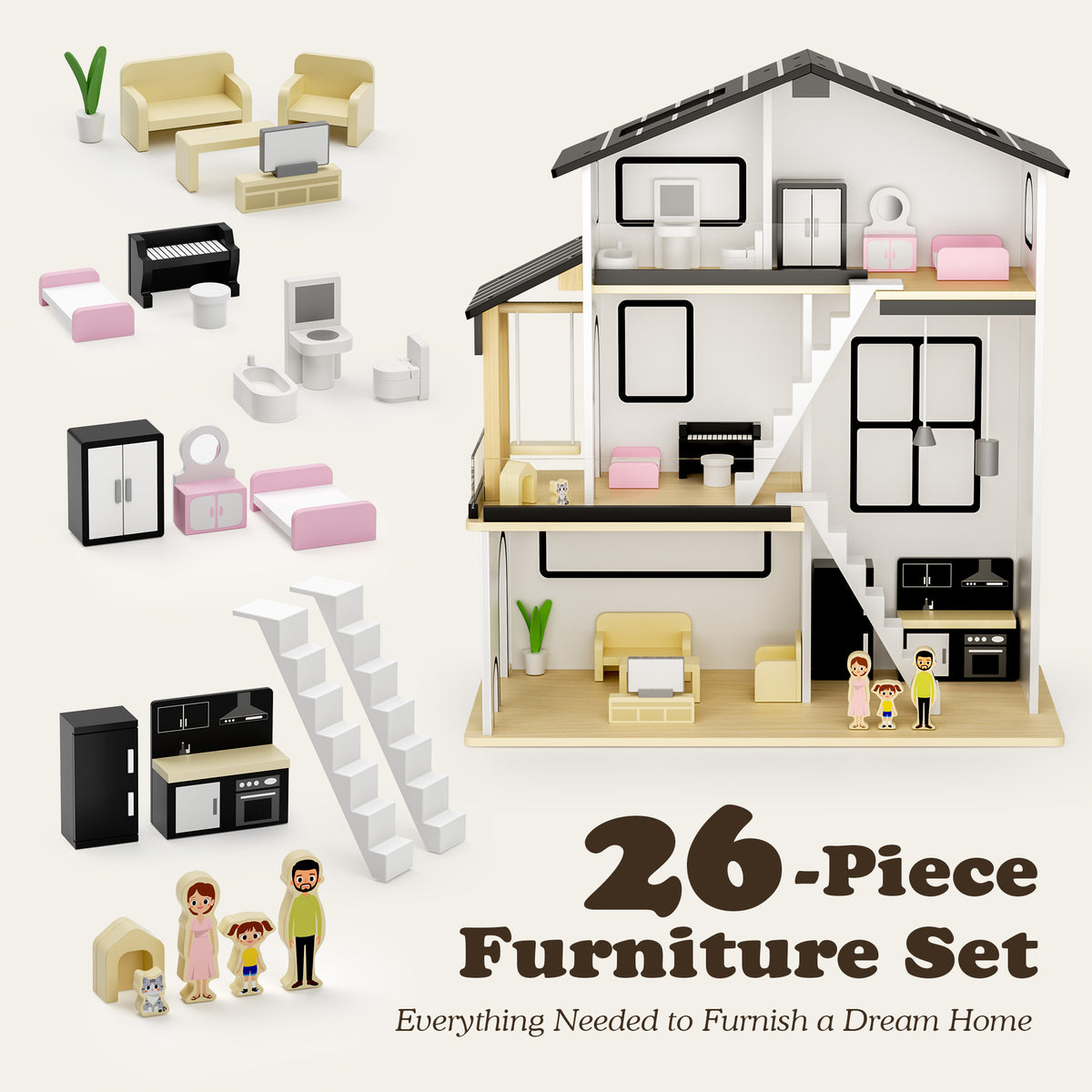 AILEEKISS Dollhouse for Kids with 20 Pieces Furniture Set, 3-Story Dream House with Puzzle Patio, White