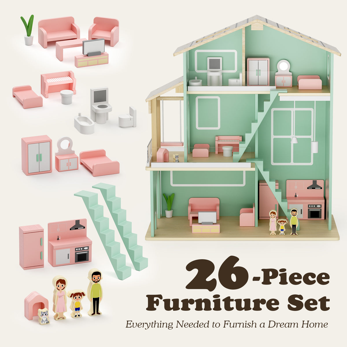 AILEEKISS Dollhouse for Kids with 20 Pieces Furniture Set, 3-Story Dream House with Puzzle Patio, Green