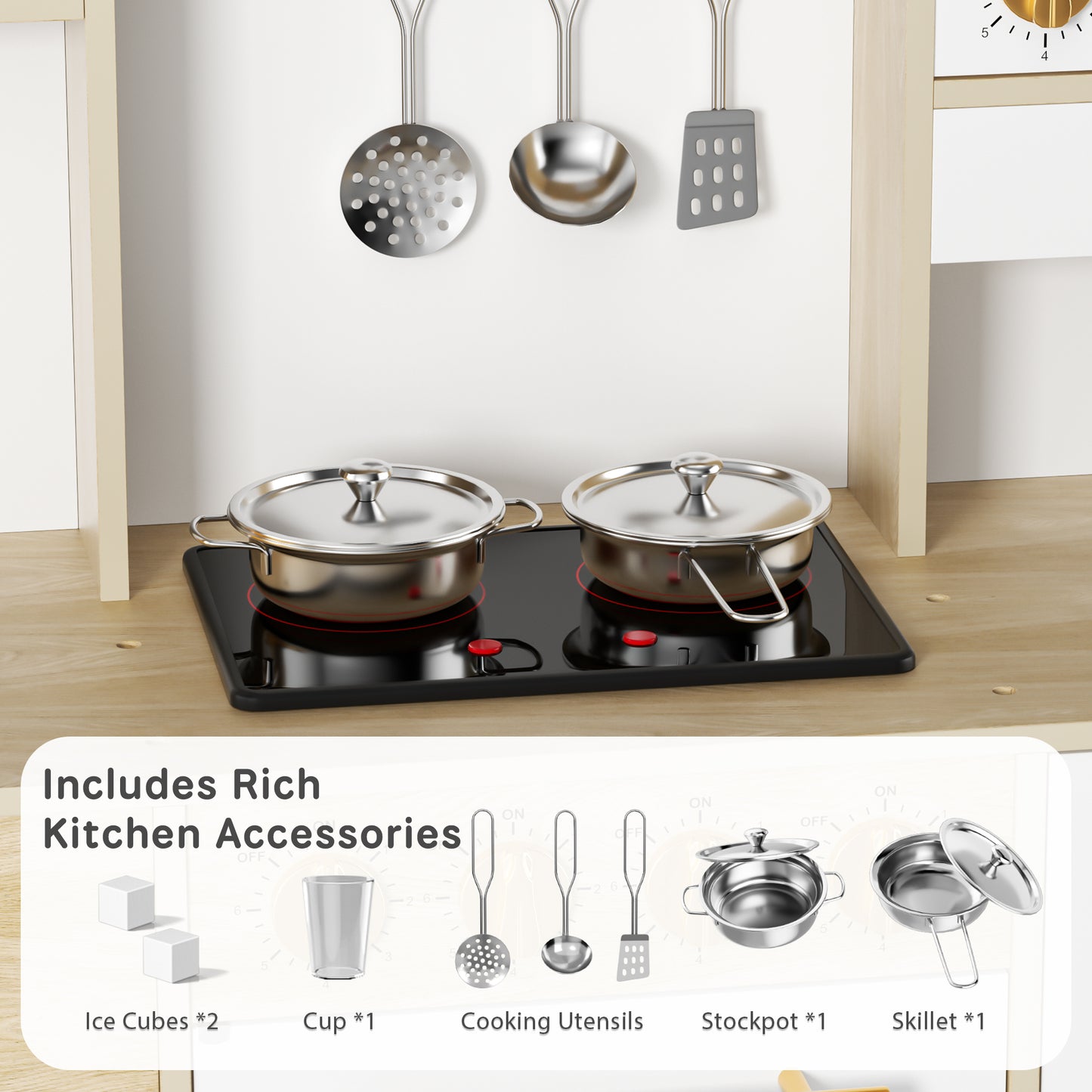 AILEEKISS Wood Kids Play Kitchen, Pretend Kitchen Playset for Children Age 3 Years up, Grain