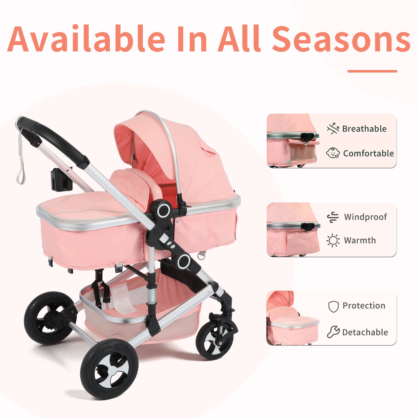 AILEEKISS 3 in 1 Convertible Baby Stroller, Unisex Folding Newborn Stroller with Big Seat, Pink