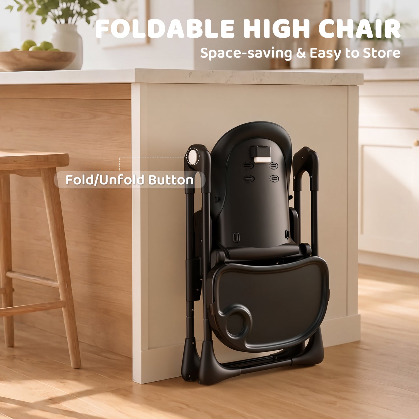 AILEEKISS Foldable High Chair for Baby, Toddler Eating Chair with Detachable Double Trays, Black