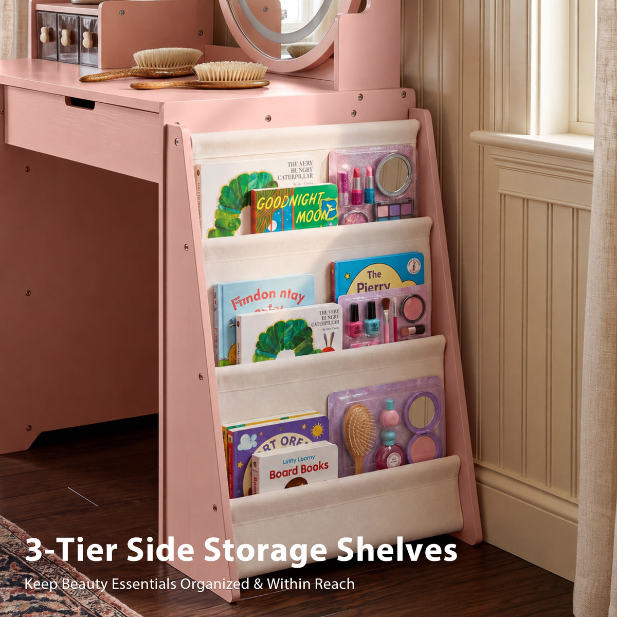 AILEEKISS Vanity Table Set with Drawers, Pretend Play Makeup Table with Storage Shelf, Pink