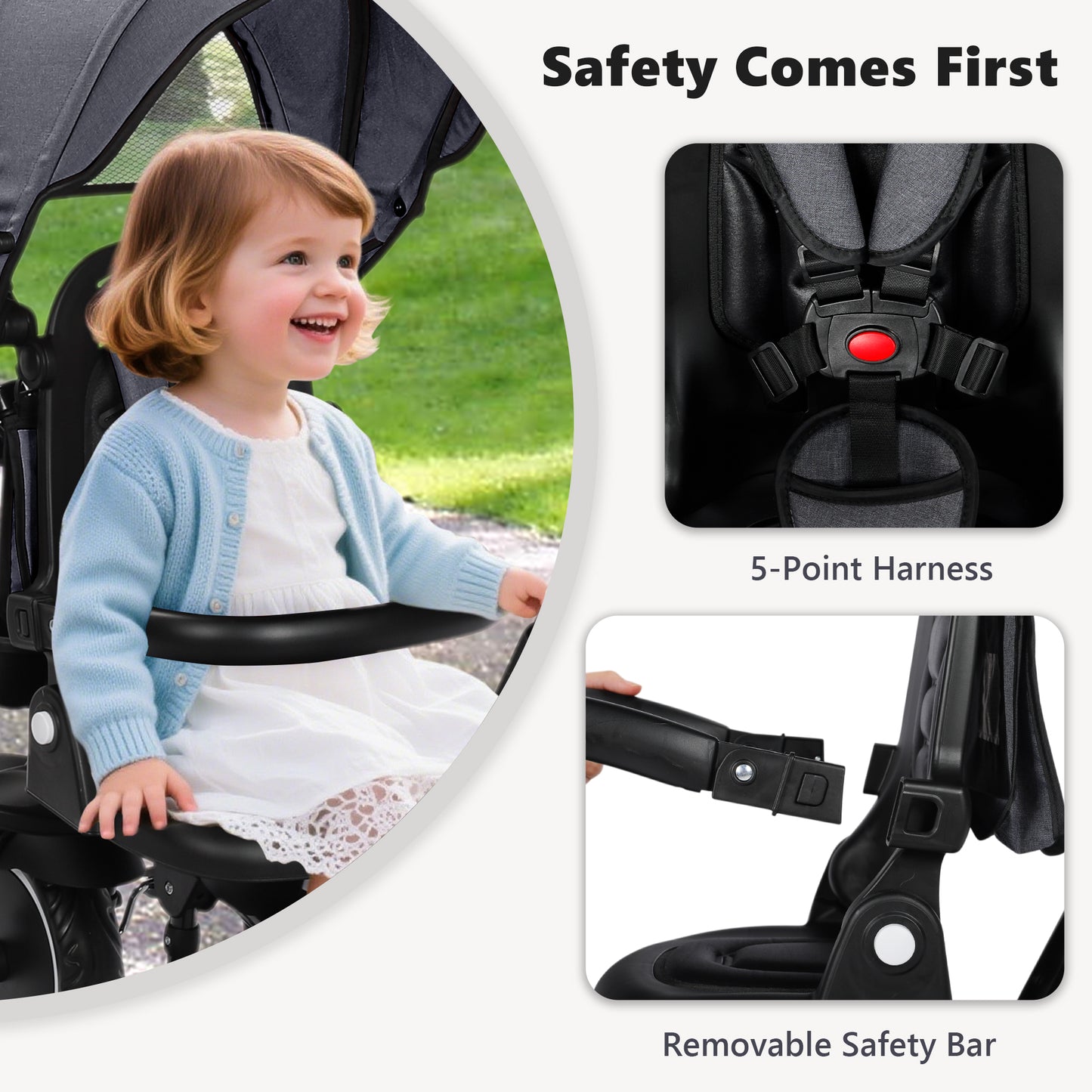 AILEEKISS 8-in-1 Kids' Tricycle Stroller, Toddler Bicycle Unisex Ride Trike 1-6 Years, Grey